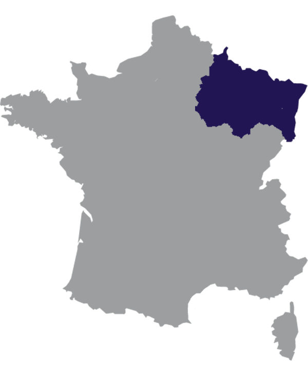 Landkaart Frankrijk grijs met regio Grand Est donkerblauw op transparante achtergrond - 600 * 733 pixels
